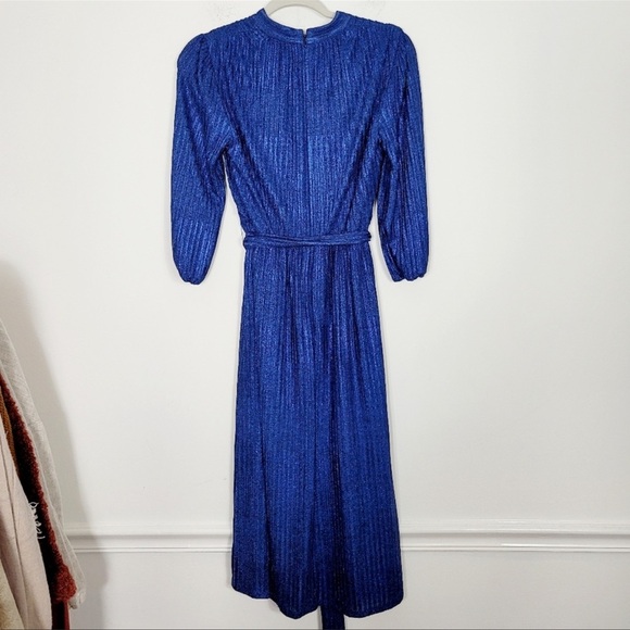 Alice  and Olivia navy shimmery ribbed midi belted dress - Picture 2 of 5